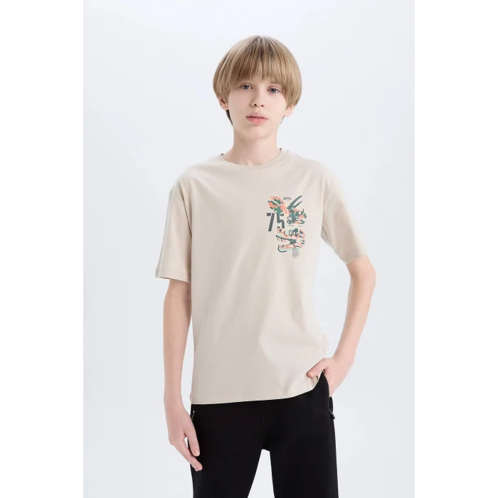 Defacto D9285 Gri Erkek Çocuk Bisiklet Yaka Baskılı Kısa Kollu Tişört