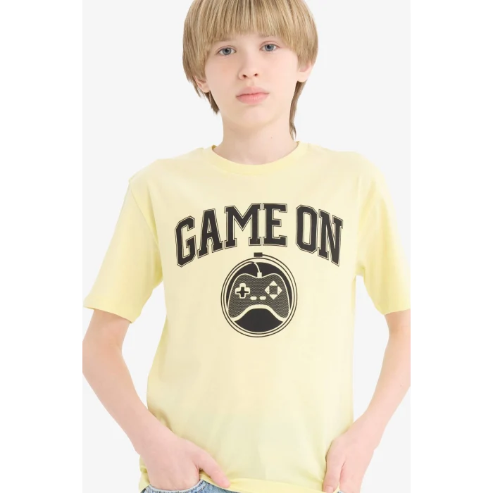 Defacto F0182 Sarı Erkek Çocuk Bisiklet Yaka Baskılı Kısa Kollu Tişört