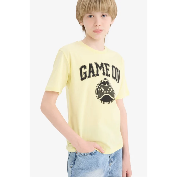 Defacto F0182 Sarı Erkek Çocuk Bisiklet Yaka Baskılı Kısa Kollu Tişört