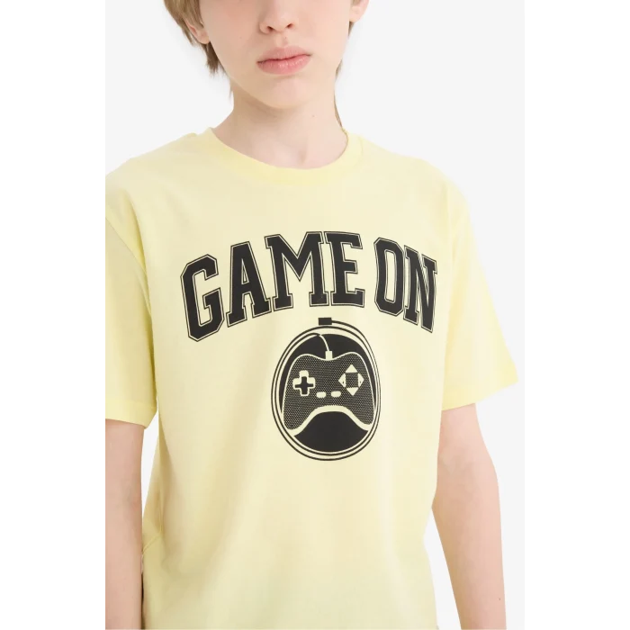 Defacto F0182 Sarı Erkek Çocuk Bisiklet Yaka Baskılı Kısa Kollu Tişört