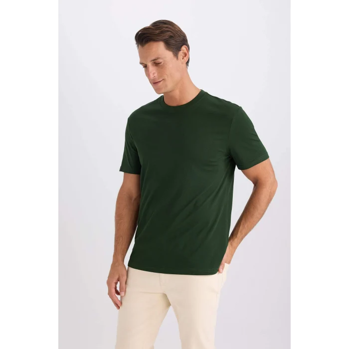 Defacto V7699 Yeşil %100 Pamuk New Regular Fit Bisiklet Yaka Basic Düz Kısa Kollu Tişört