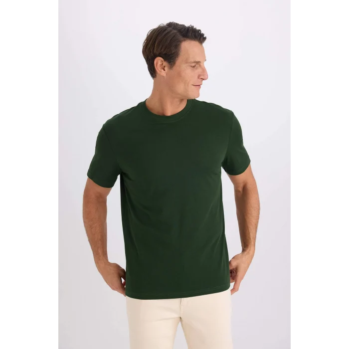 Defacto V7699 Yeşil %100 Pamuk New Regular Fit Bisiklet Yaka Basic Düz Kısa Kollu Tişört