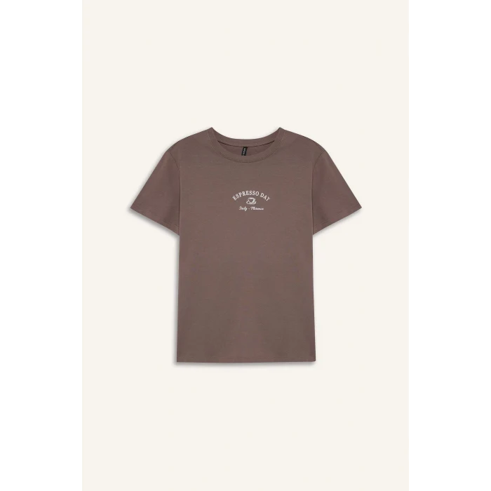 Defacto F2093 Kahve Relax Fit Bisiklet Yaka Baskılı Penye Kısa Kollu Tişört