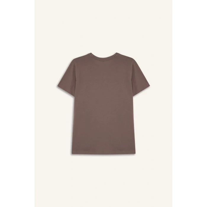 Defacto F2093 Kahve Relax Fit Bisiklet Yaka Baskılı Penye Kısa Kollu Tişört