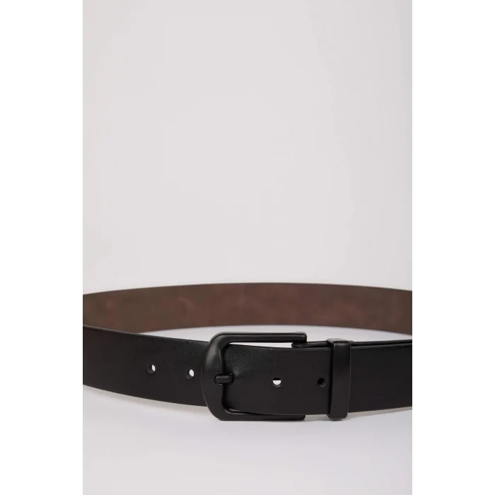 Defacto E3550 Siyah Erkek Dikdörtgen Toka Suni Deri Jean Kemeri