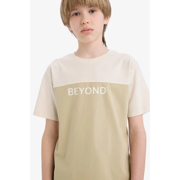 Defacto D9295 Ekru Erkek Çocuk Bisiklet Yaka Baskılı Kısa Kollu Tişört