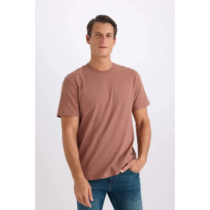 Defacto V7699 Kahve %100 Pamuk New Regular Fit Bisiklet Yaka Basic Düz Kısa Kollu Tişört