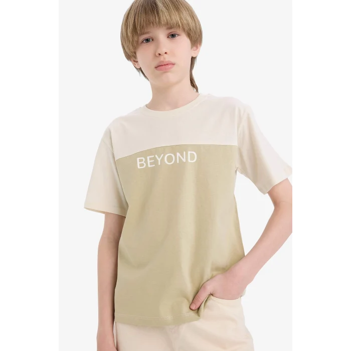 Defacto D9295 Ekru Erkek Çocuk Bisiklet Yaka Baskılı Kısa Kollu Tişört