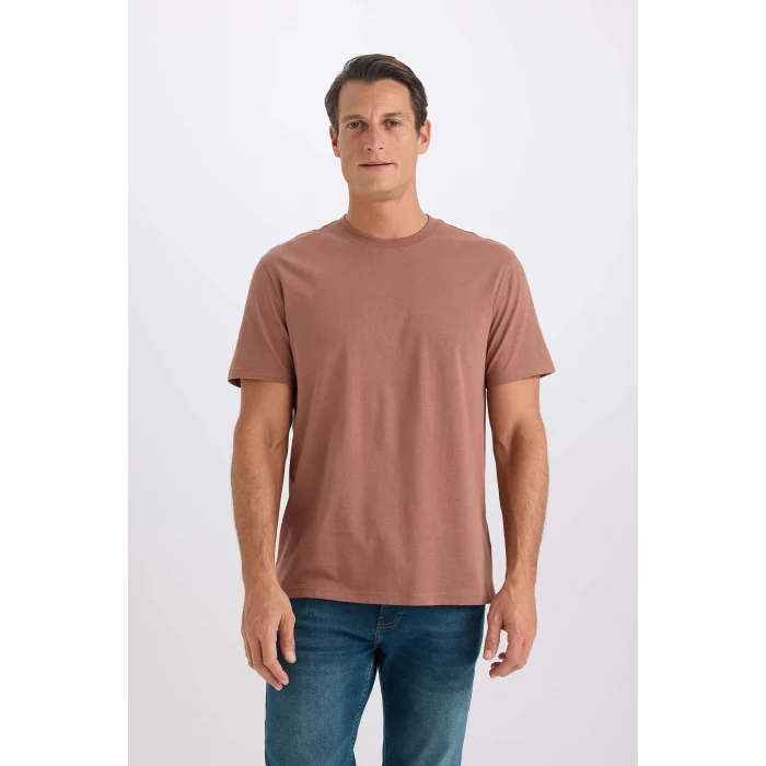 Defacto V7699 Kahve %100 Pamuk New Regular Fit Bisiklet Yaka Basic Düz Kısa Kollu Tişört
