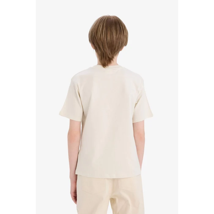 Defacto D9295 Ekru Erkek Çocuk Bisiklet Yaka Baskılı Kısa Kollu Tişört