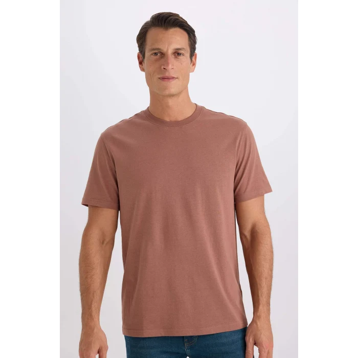 Defacto V7699 Kahve %100 Pamuk New Regular Fit Bisiklet Yaka Basic Düz Kısa Kollu Tişört