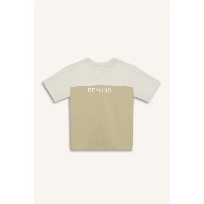 Defacto D9295 Ekru Erkek Çocuk Bisiklet Yaka Baskılı Kısa Kollu Tişört