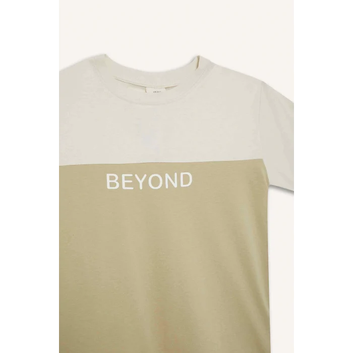 Defacto D9295 Ekru Erkek Çocuk Bisiklet Yaka Baskılı Kısa Kollu Tişört