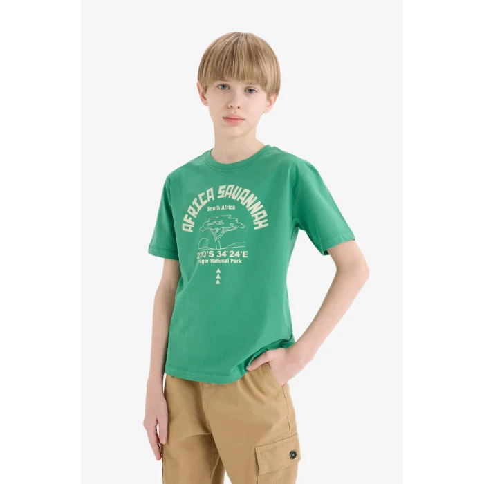 Defacto E0176 Yeşil Erkek Çocuk Bisiklet Yaka Baskılı Kısa Kollu Tişört