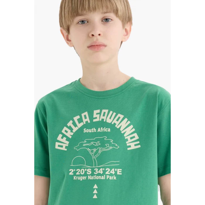 Defacto E0176 Yeşil Erkek Çocuk Bisiklet Yaka Baskılı Kısa Kollu Tişört