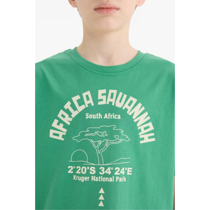 Defacto E0176 Yeşil Erkek Çocuk Bisiklet Yaka Baskılı Kısa Kollu Tişört