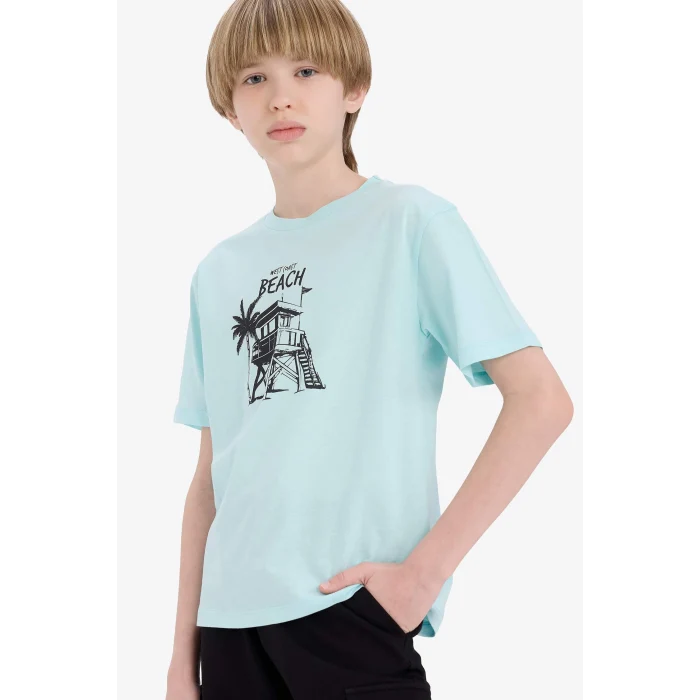 Defacto E6316 Turkuaz Erkek Çocuk Bisiklet Yaka Baskılı Kısa Kollu Tişört