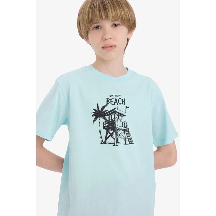 Defacto E6316 Turkuaz Erkek Çocuk Bisiklet Yaka Baskılı Kısa Kollu Tişört