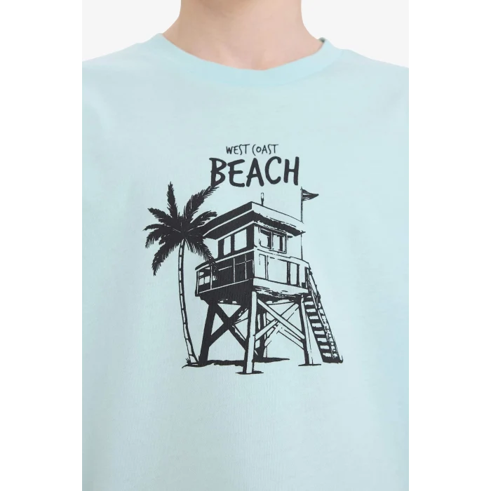 Defacto E6316 Turkuaz Erkek Çocuk Bisiklet Yaka Baskılı Kısa Kollu Tişört