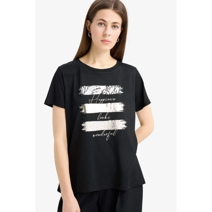 Defacto E5063 Siyah Relax Fit Bisiklet Yaka Baskılı Kısa Kollu Tişört