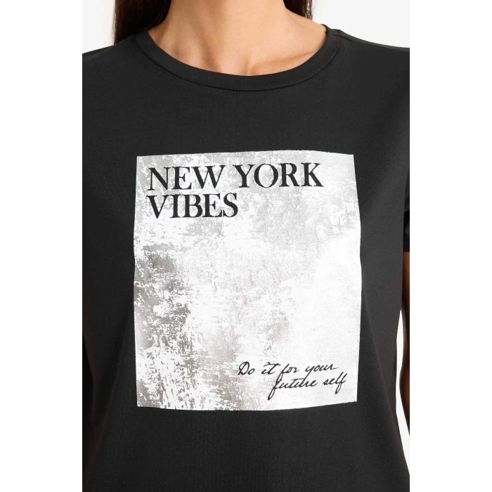 Defacto F5097 Siyah Regular Fit Bisiklet Yaka Baskılı Kısa Kollu Tişört