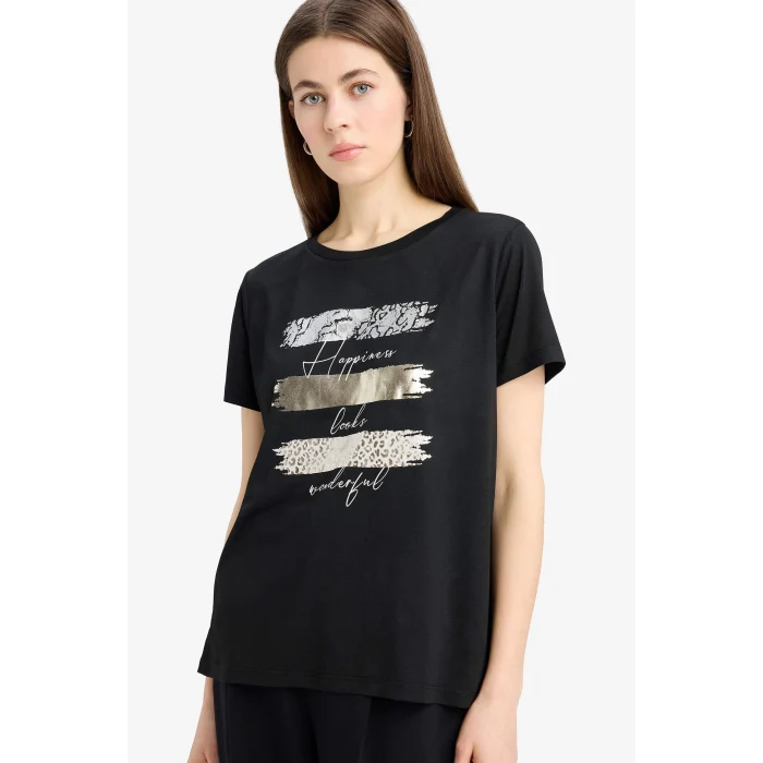 Defacto E5063 Siyah Relax Fit Bisiklet Yaka Baskılı Kısa Kollu Tişört