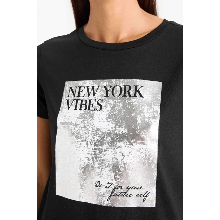 Defacto F5097 Siyah Regular Fit Bisiklet Yaka Baskılı Kısa Kollu Tişört