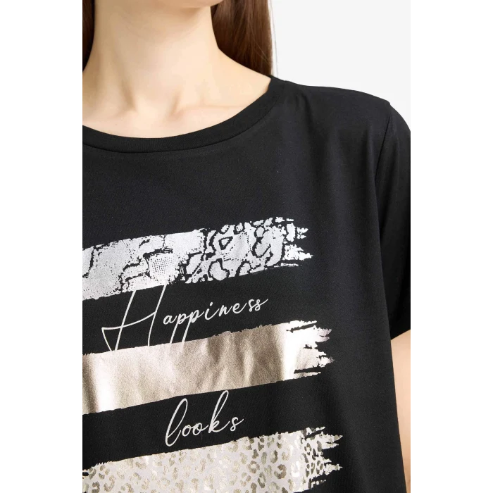 Defacto E5063 Siyah Relax Fit Bisiklet Yaka Baskılı Kısa Kollu Tişört