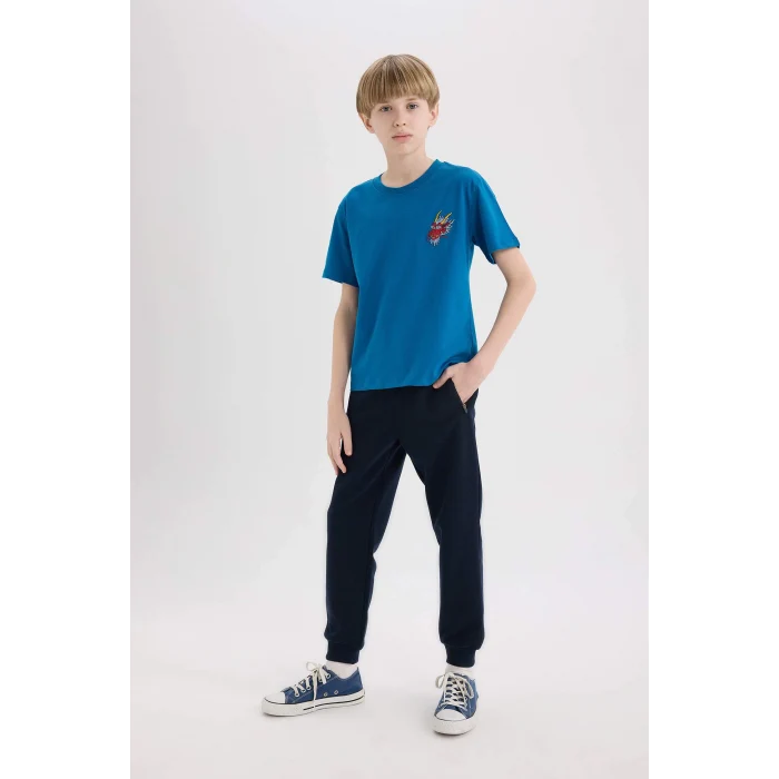Defacto E0088 Mavi Erkek Çocuk Bisiklet Yaka Nakışlı Kısa Kollu Tişört