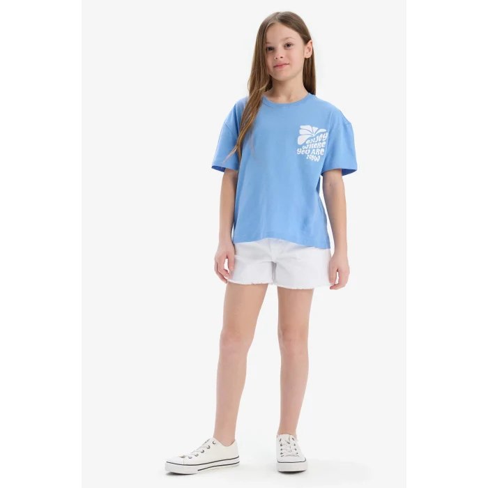 Defacto E0354 Mavi Kız Çocuk Relax Fit Bisiklet Yaka Sırt Baskılı Kısa Kollu Tişört