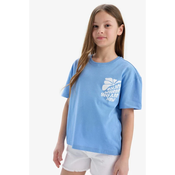 Defacto E0354 Mavi Kız Çocuk Relax Fit Bisiklet Yaka Sırt Baskılı Kısa Kollu Tişört
