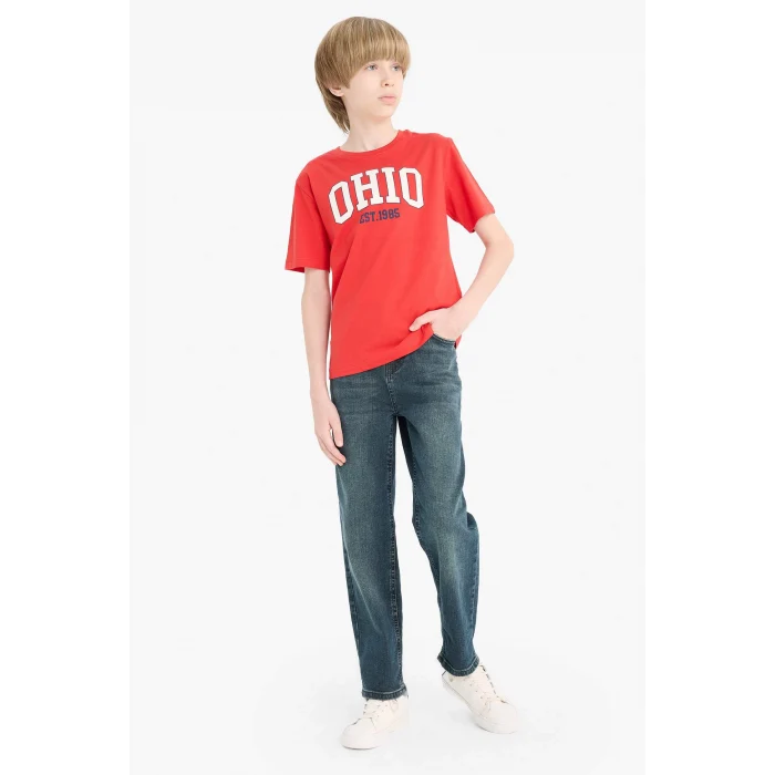 Defacto E0170 Kırmızı Erkek Çocuk Bisiklet Yaka Baskılı Kısa Kollu Tişört