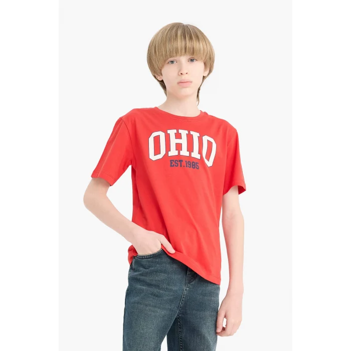 Defacto E0170 Kırmızı Erkek Çocuk Bisiklet Yaka Baskılı Kısa Kollu Tişört