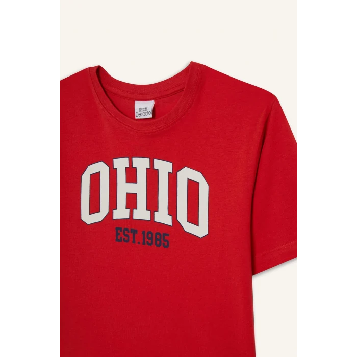 Defacto E0170 Kırmızı Erkek Çocuk Bisiklet Yaka Baskılı Kısa Kollu Tişört