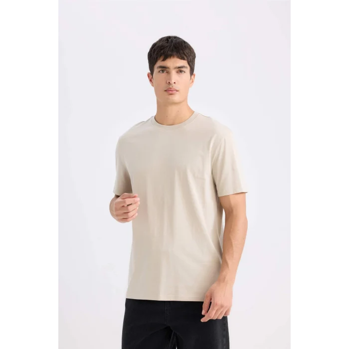 Defacto V7699 Bej %100 Pamuk New Regular Fit Bisiklet Yaka Basic Düz Kısa Kollu Tişört