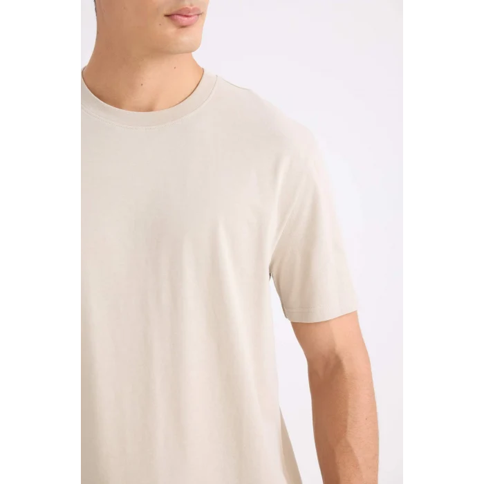 Defacto V7699 Bej %100 Pamuk New Regular Fit Bisiklet Yaka Basic Düz Kısa Kollu Tişört