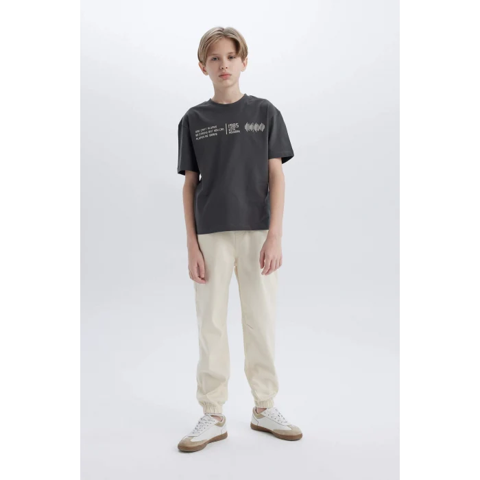 Defacto B6165 Antrasit Erkek Çocuk Oversize Geniş Kalıp Bisiklet Yaka Baskılı Kısa Kollu Tişört