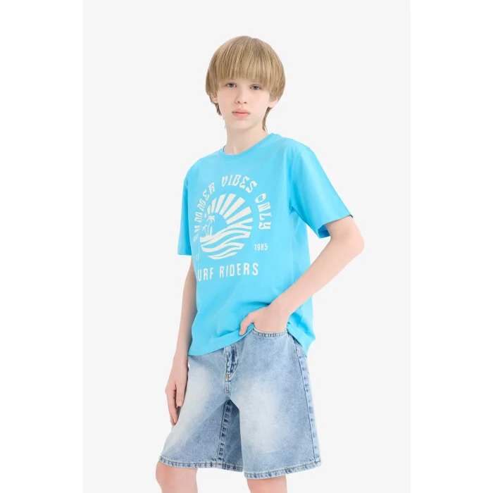 Defacto E0187 Turkuaz Erkek Çocuk Bisiklet Yaka Baskılı Kısa Kollu Tişört