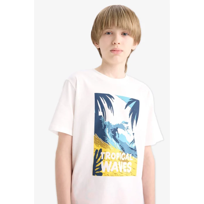 Defacto F0171 Ekru Erkek Çocuk Bisiklet Yaka Baskılı Kısa Kollu Tişört