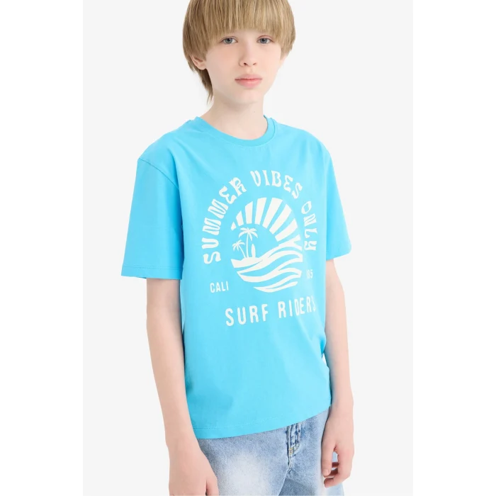 Defacto E0187 Turkuaz Erkek Çocuk Bisiklet Yaka Baskılı Kısa Kollu Tişört