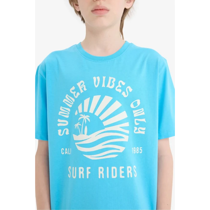 Defacto E0187 Turkuaz Erkek Çocuk Bisiklet Yaka Baskılı Kısa Kollu Tişört