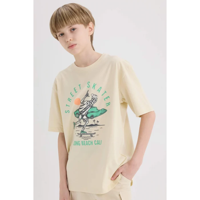 Defacto E0169 Bej Erkek Çocuk Bisiklet Yaka Baskılı Kısa Kollu Tişört