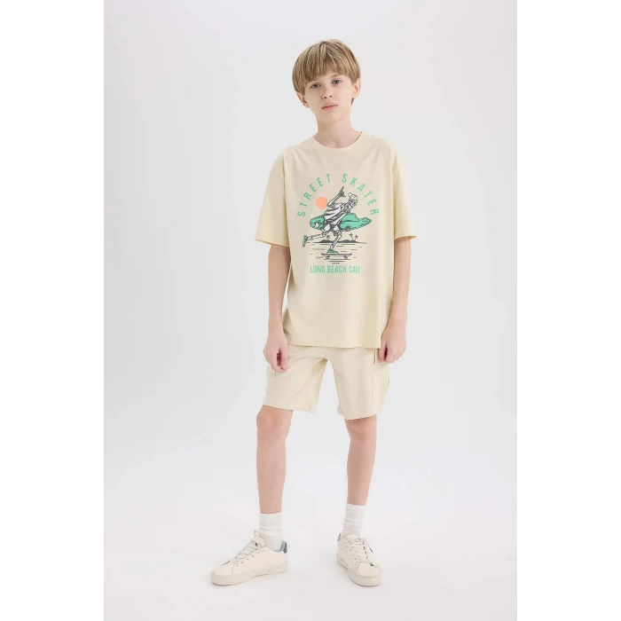 Defacto E0169 Bej Erkek Çocuk Bisiklet Yaka Baskılı Kısa Kollu Tişört
