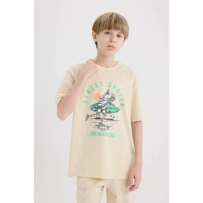 Defacto E0169 Bej Erkek Çocuk Bisiklet Yaka Baskılı Kısa Kollu Tişört