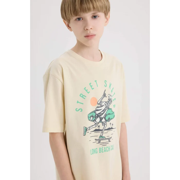 Defacto E0169 Bej Erkek Çocuk Bisiklet Yaka Baskılı Kısa Kollu Tişört