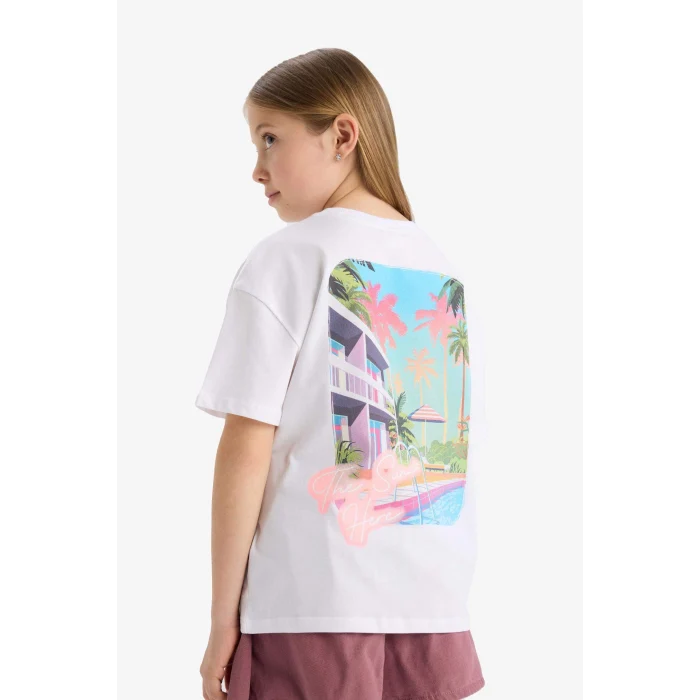 Defacto E6742 Beyaz Kız Çocuk Oversize Geniş Kalıp Bisiklet Yaka Sırt Baskılı Kısa Kollu Tişört