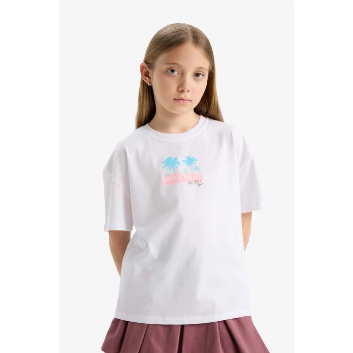 Defacto E6742 Beyaz Kız Çocuk Oversize Geniş Kalıp Bisiklet Yaka Sırt Baskılı Kısa Kollu Tişört