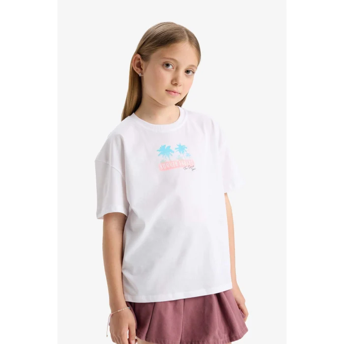 Defacto E6742 Beyaz Kız Çocuk Oversize Geniş Kalıp Bisiklet Yaka Sırt Baskılı Kısa Kollu Tişört