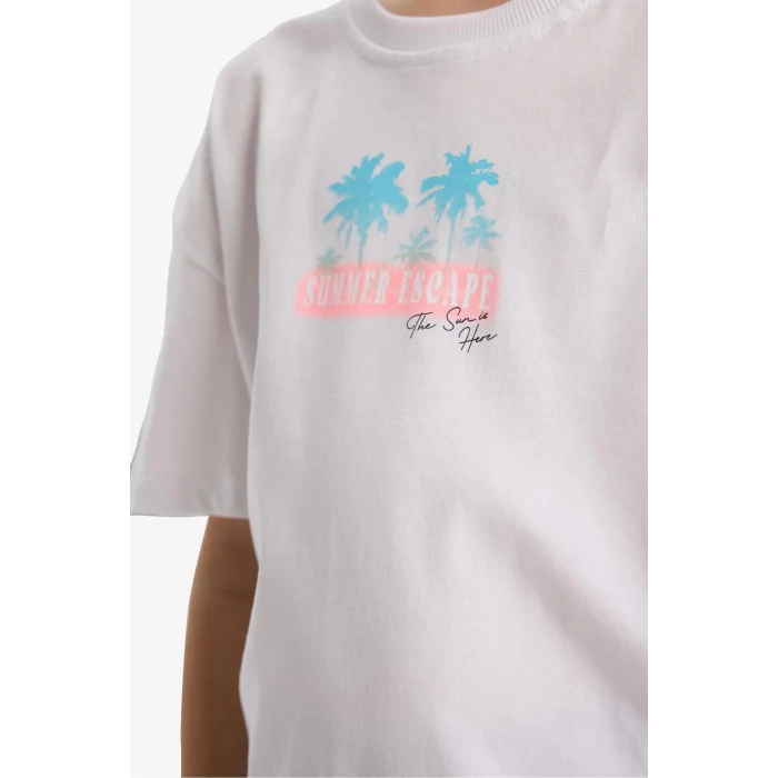 Defacto E6742 Beyaz Kız Çocuk Oversize Geniş Kalıp Bisiklet Yaka Sırt Baskılı Kısa Kollu Tişört