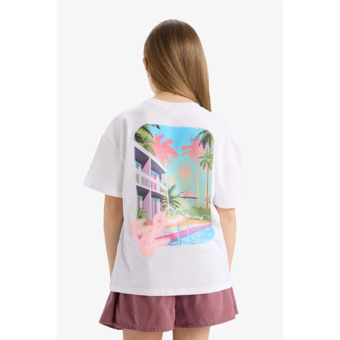 Defacto E6742 Beyaz Kız Çocuk Oversize Geniş Kalıp Bisiklet Yaka Sırt Baskılı Kısa Kollu Tişört